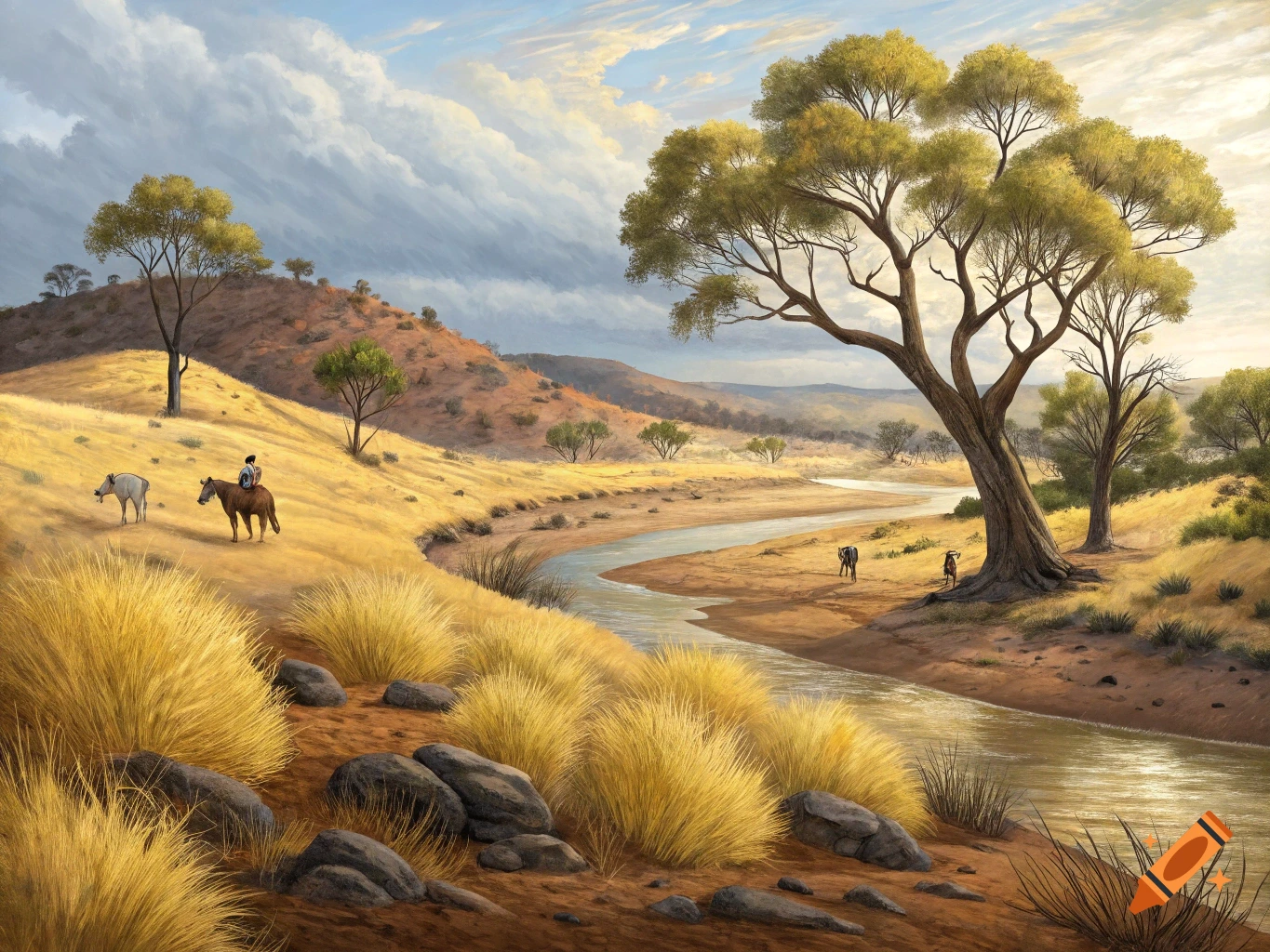 Painted landscape of a dry river winding through a golden grassy hillside with acacia trees, people and animals.