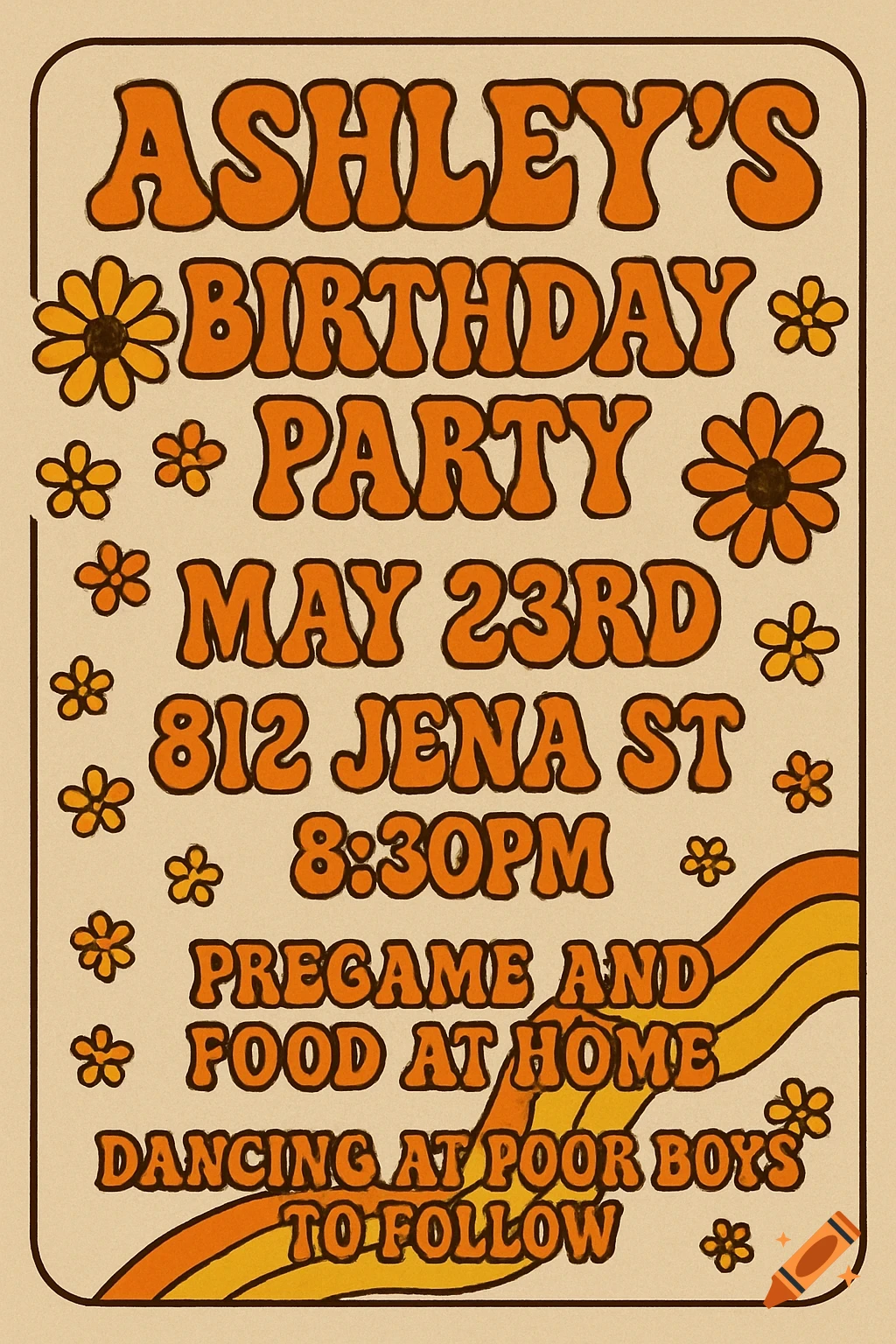 1970s style birthday party poster with orange text and flowers.