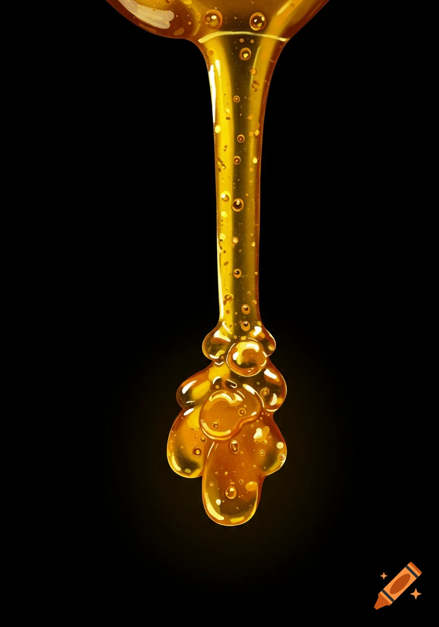 Golden honey with bubbles dripping against a black background.