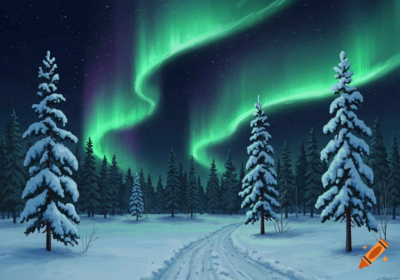 Illustration of aurora borealis over a snowy forest path at night. on ...