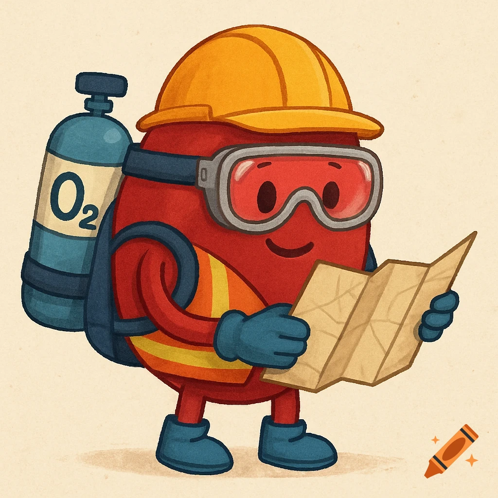 Cartoon red blood cell character wearing a hard hat, goggles, safety vest, and gloves, carrying an oxygen tank backpack and reading a map.