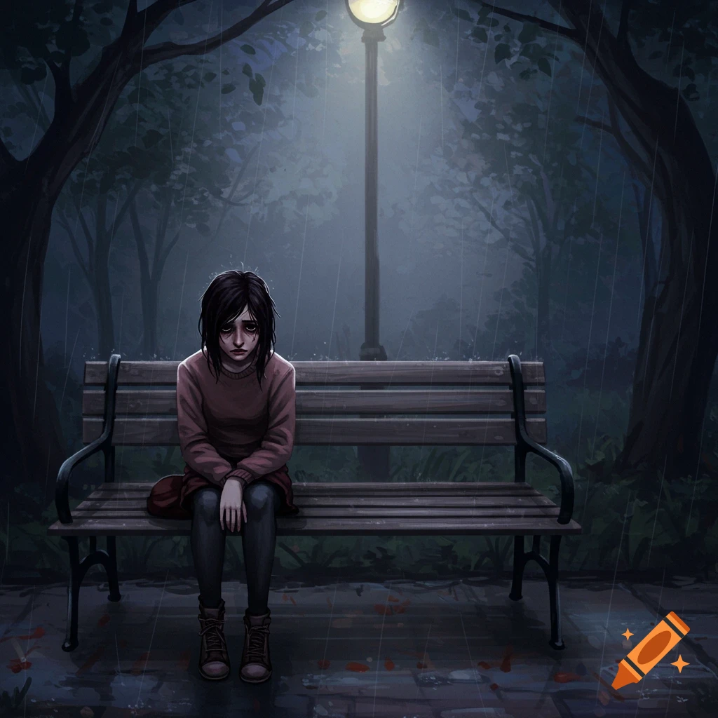 Illustrative depiction of a sad person sitting alone on a park bench in the rain at night.