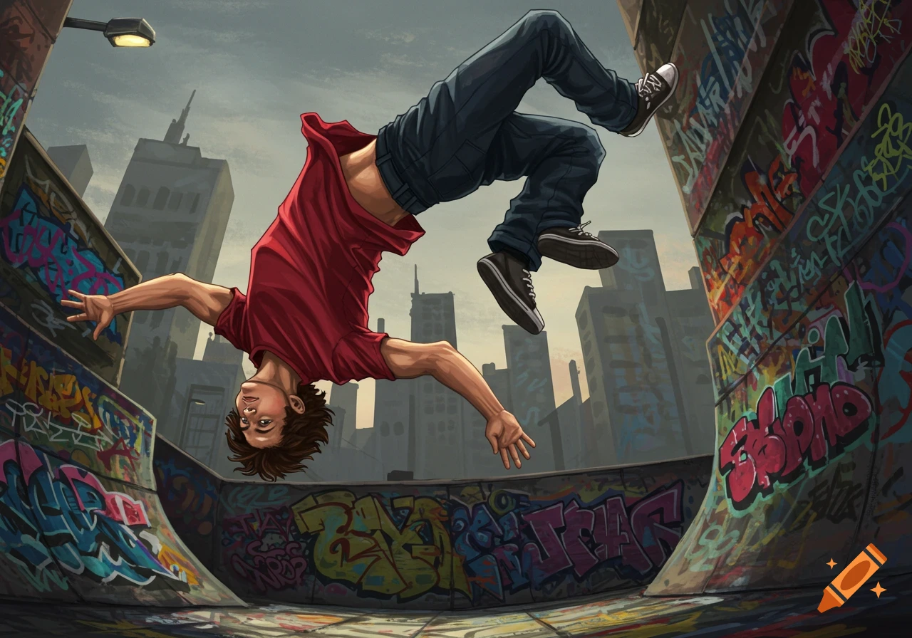 A person does a backflip in a graffiti-covered skate park under a cloudy sky.