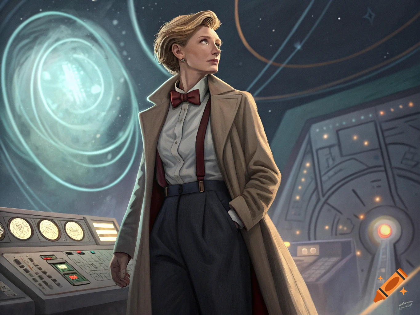 A woman in a trench coat and bow tie stands in a sci-fi control room.