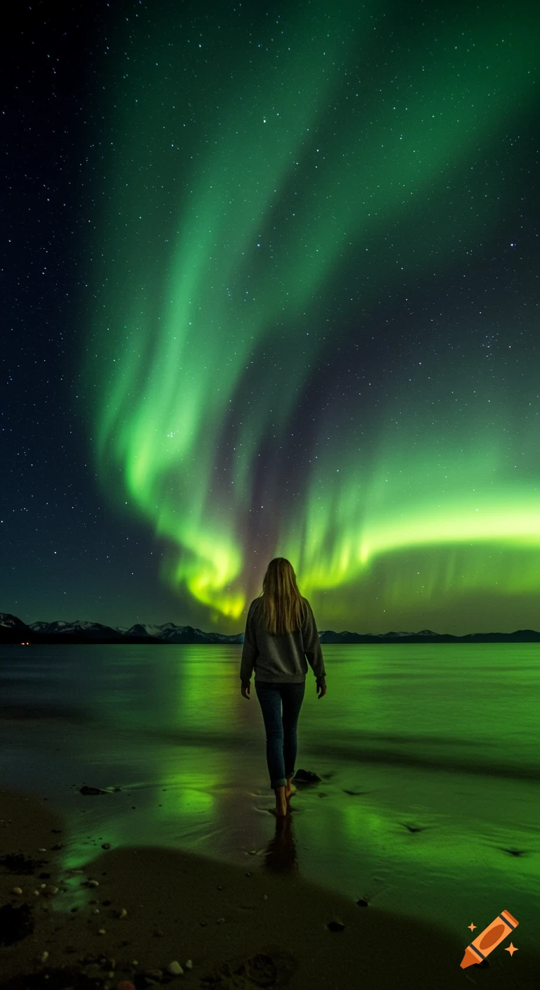 Person walks on a beach under bright green Northern Lights reflecting on the water.
