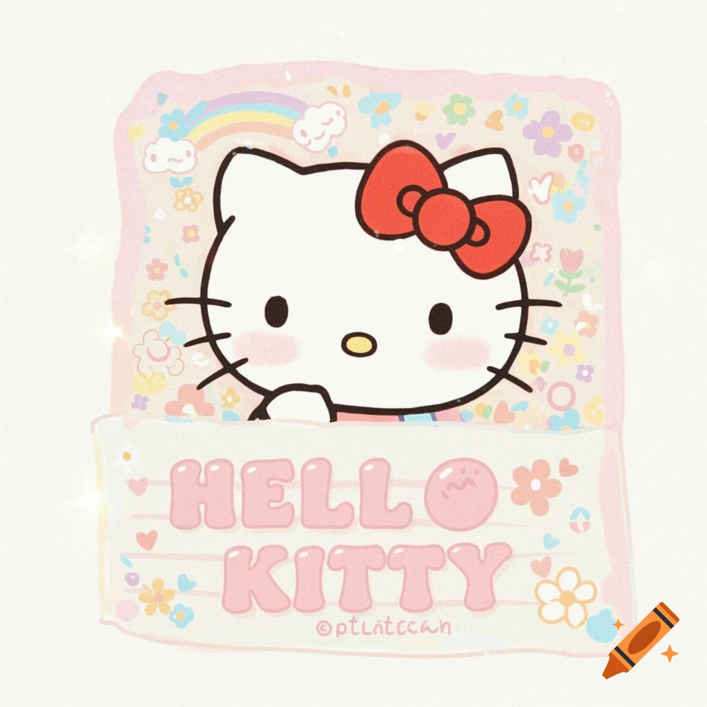 Cute pastel cartoon of Hello Kitty holding a banner saying 'HELLO KITTY' with flowers and rainbow.