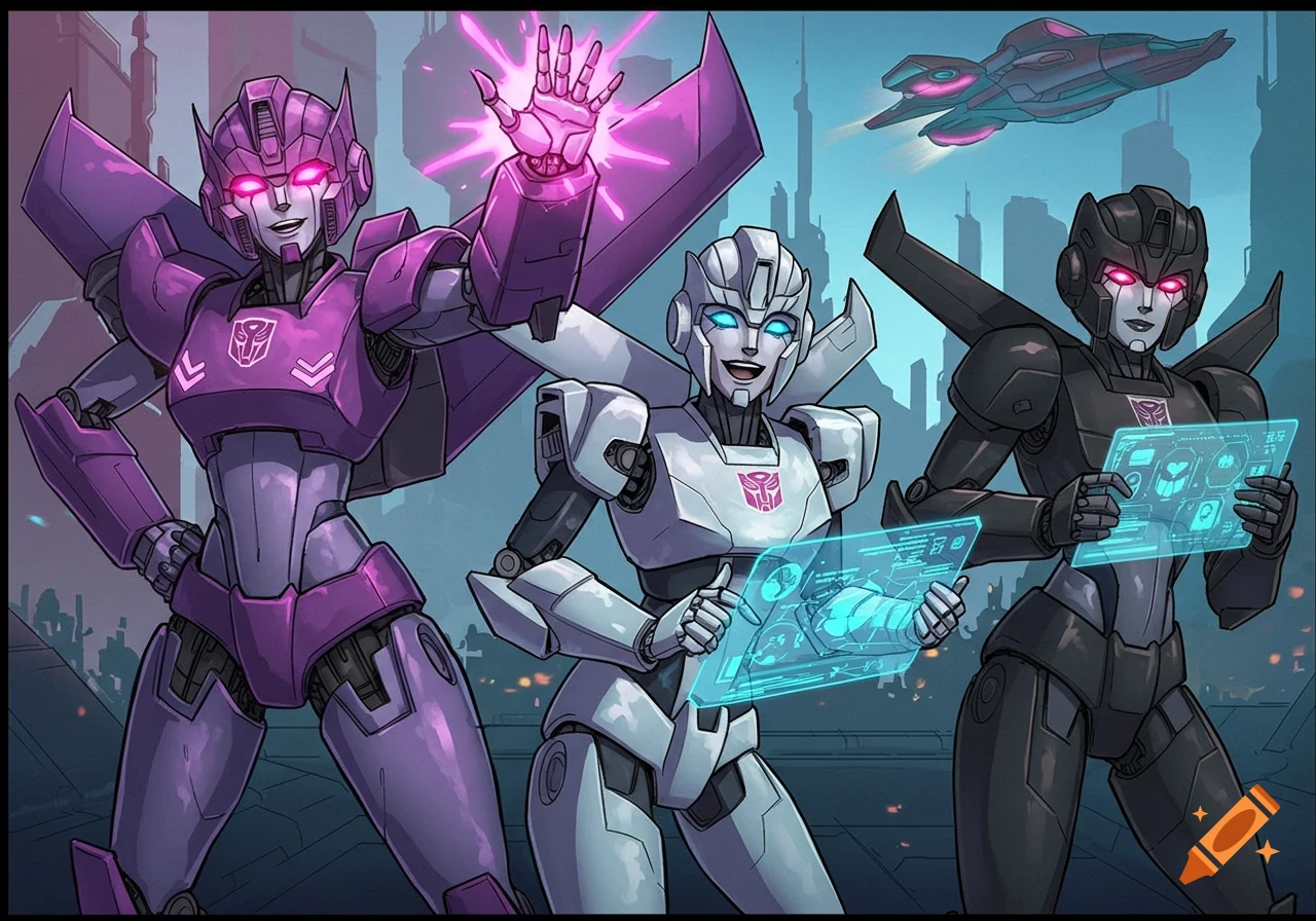 Three female Transformers robots stand in a cityscape with a spaceship, holding glowing hands and holographic screens in a comic book style.