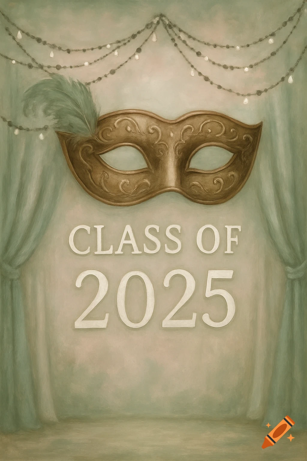 A masquerade backdrop with a gold mask, green curtains, string lights, and the text 'CLASS OF 2025'.