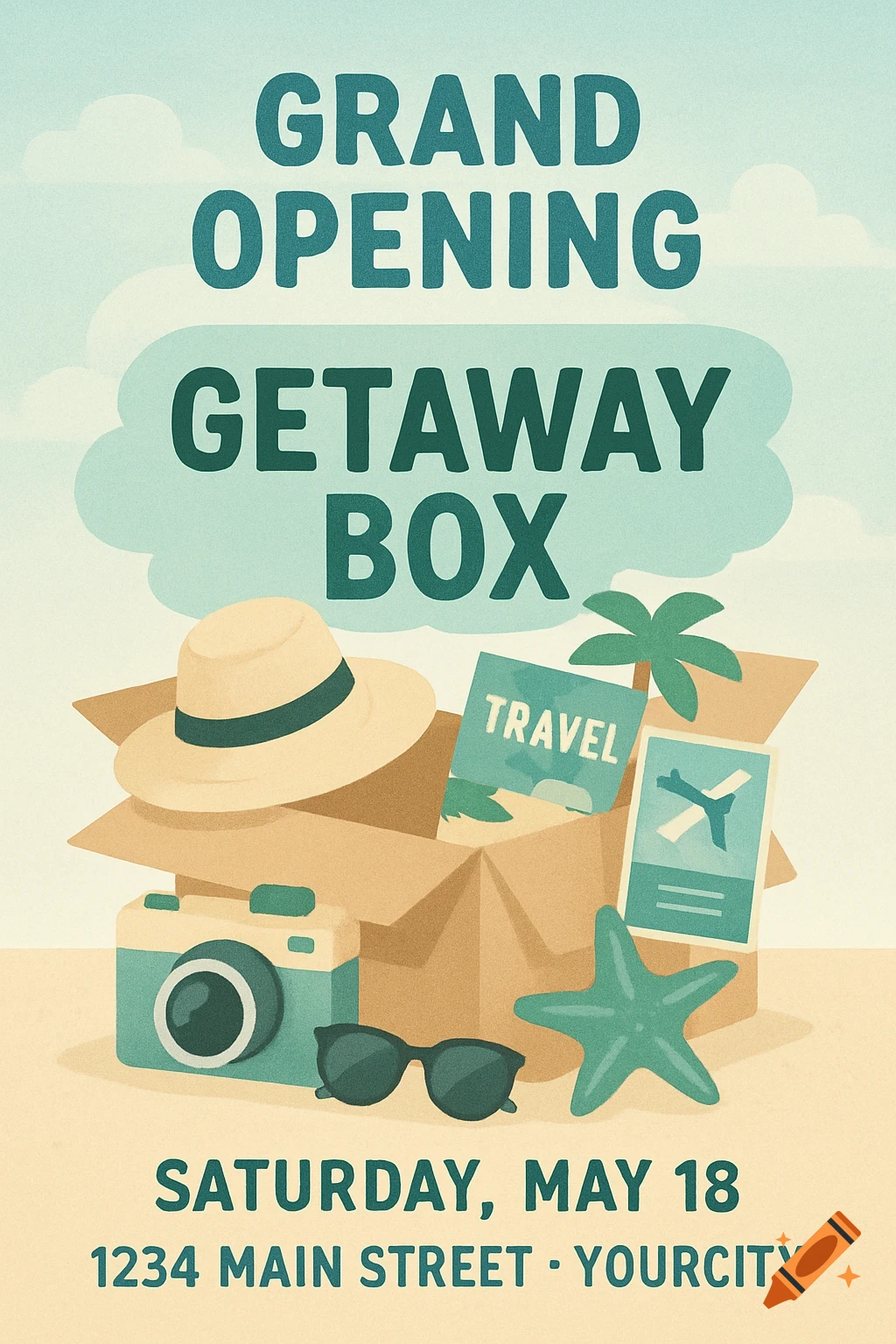 Grand opening flyer for Getaway Box with illustrations of travel items spilling from a box: hat, camera, sunglasses, travel cards, starfish, palm tree.