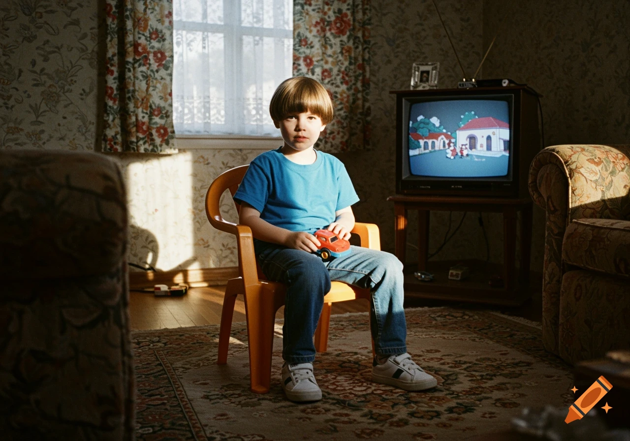 A young boy with a bowl cut sits on an orange chair in a retro living room, holding a toy car, while watching a cartoon on a CRT television.