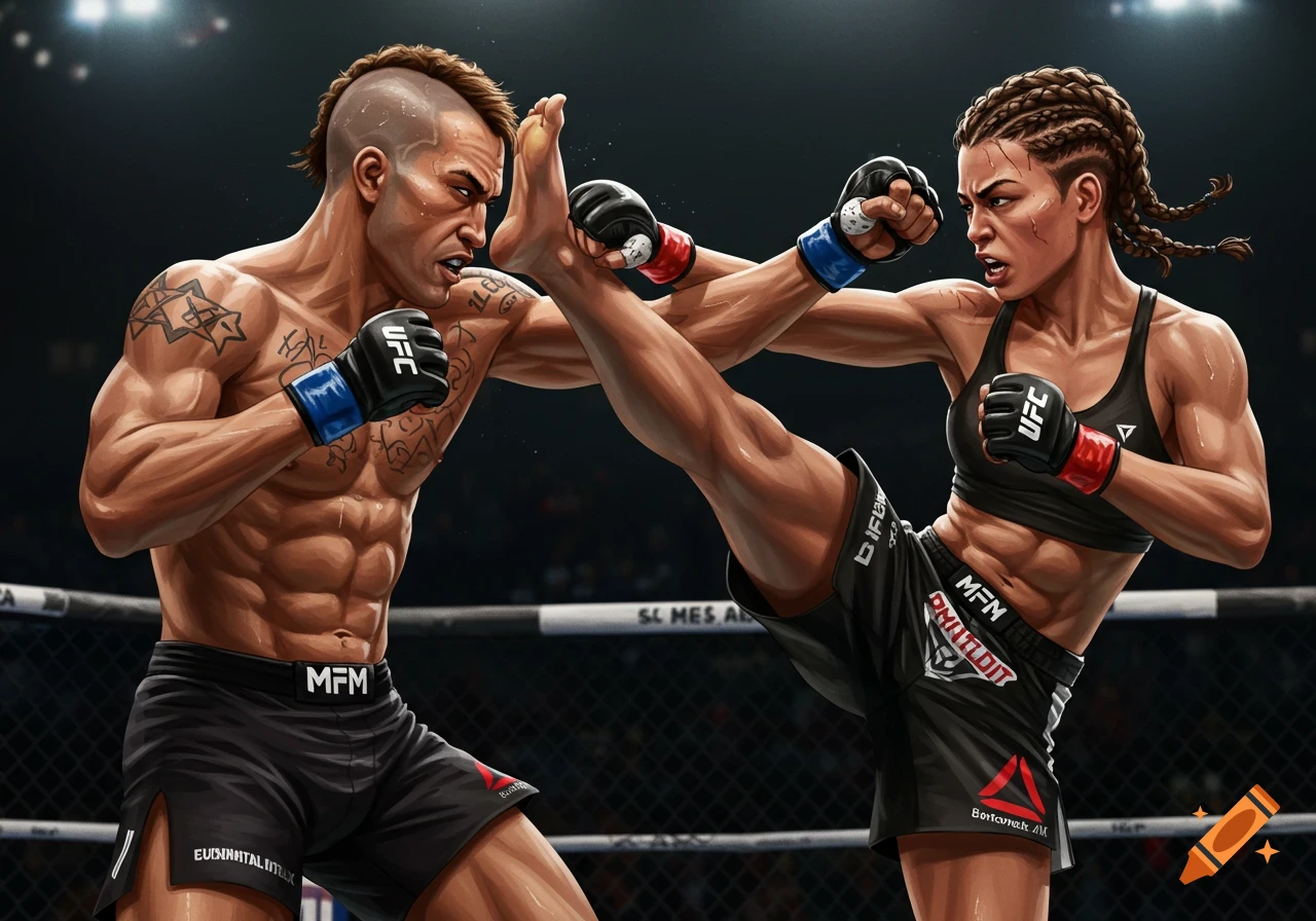 Illustration of a male and female fighter competing in an MMA ring, one delivering a high kick.