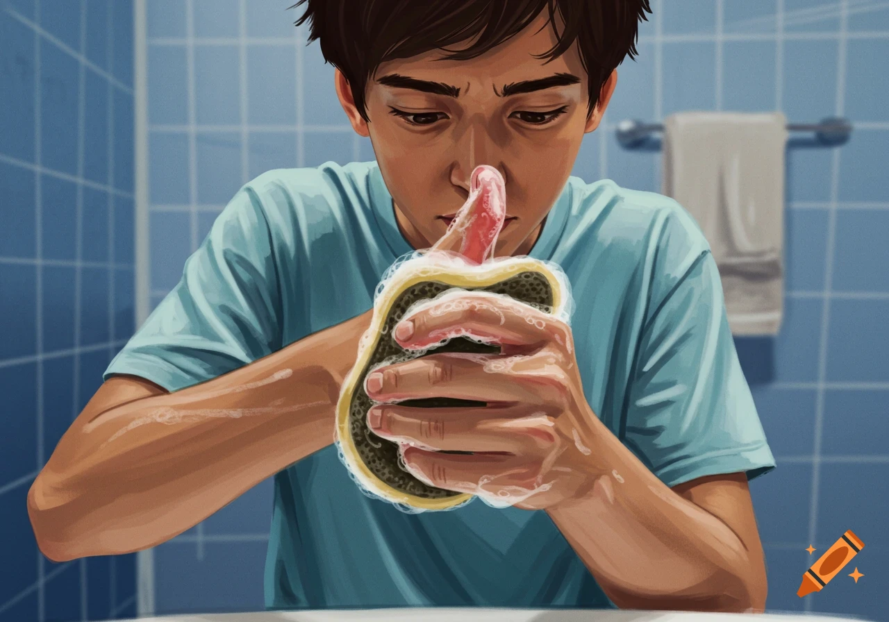 Illustration of a person washing their thumb with a soapy sponge in a bathroom sink.