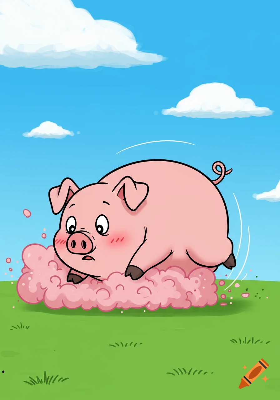 Cartoon pig rolling in a pink cloud on grass.