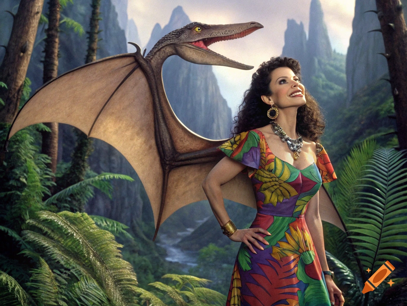 Woman in a colorful floral dress standing with a pterodactyl in a prehistoric jungle.