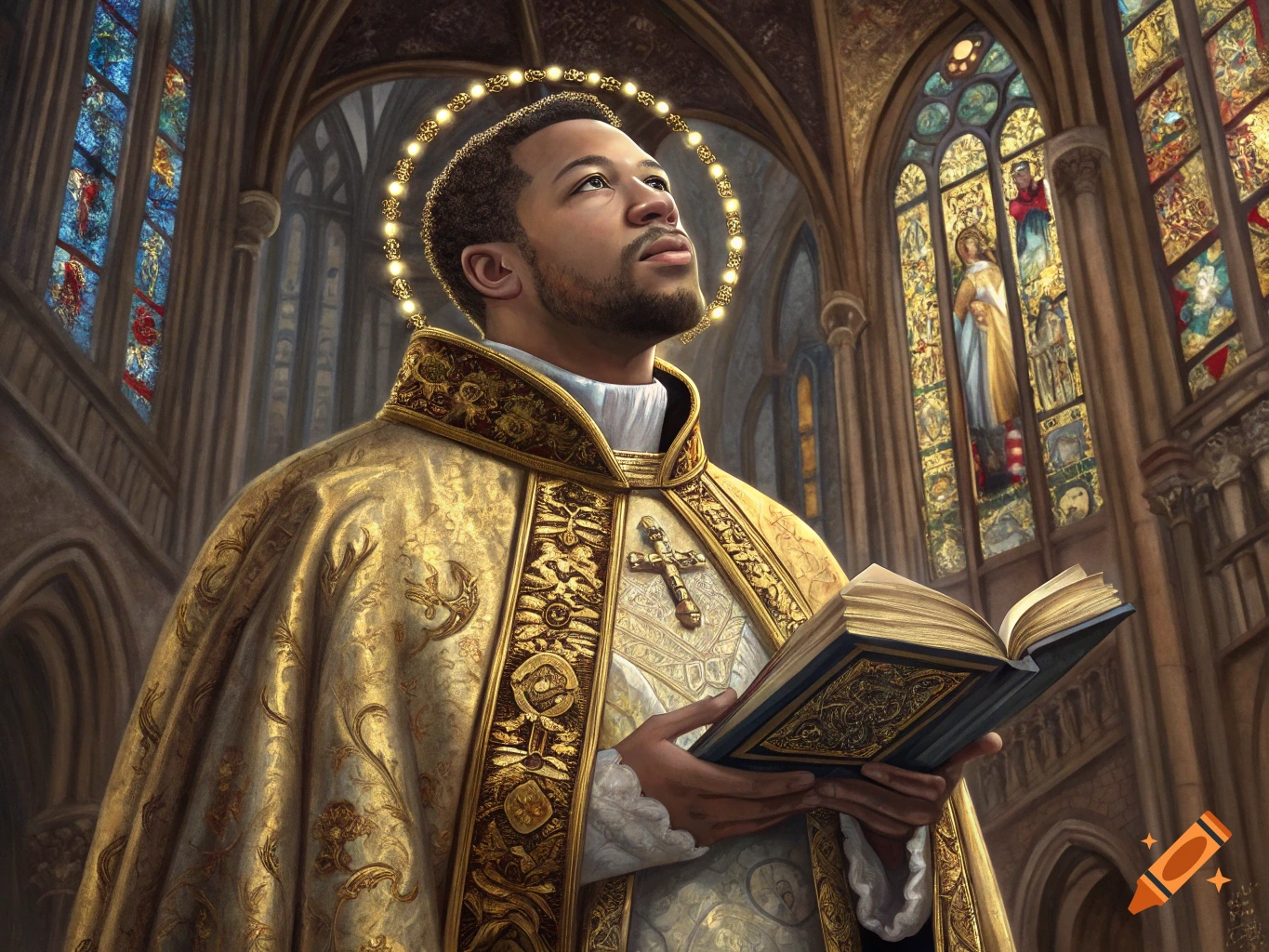 Portrait of a man dressed as a saint holding a book in a church, renaissance painting style.