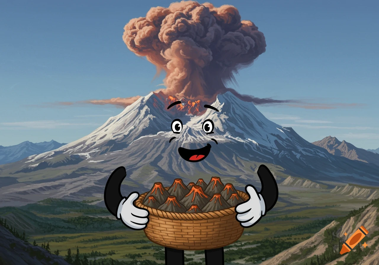 A cartoon volcano character with a face and arms holds a basket full of small volcanoes in front of a large erupting mountain.