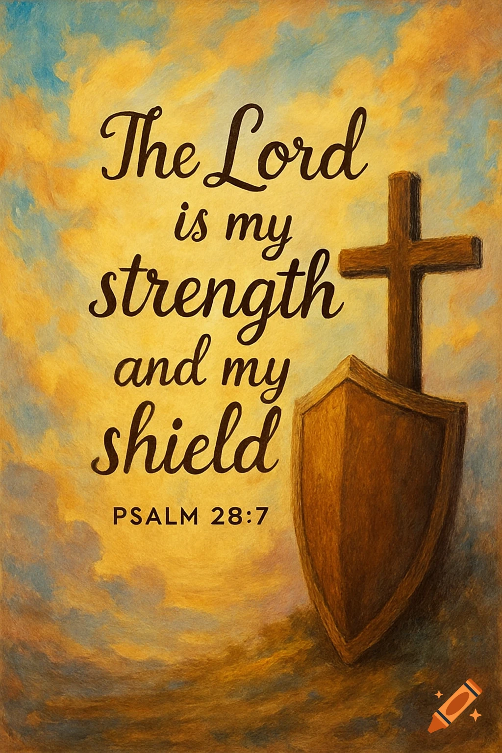 Illustration of a cross, shield, and the bible verse 'The Lord is my strength and my shield PSALM 28:7' against a cloudy sky.