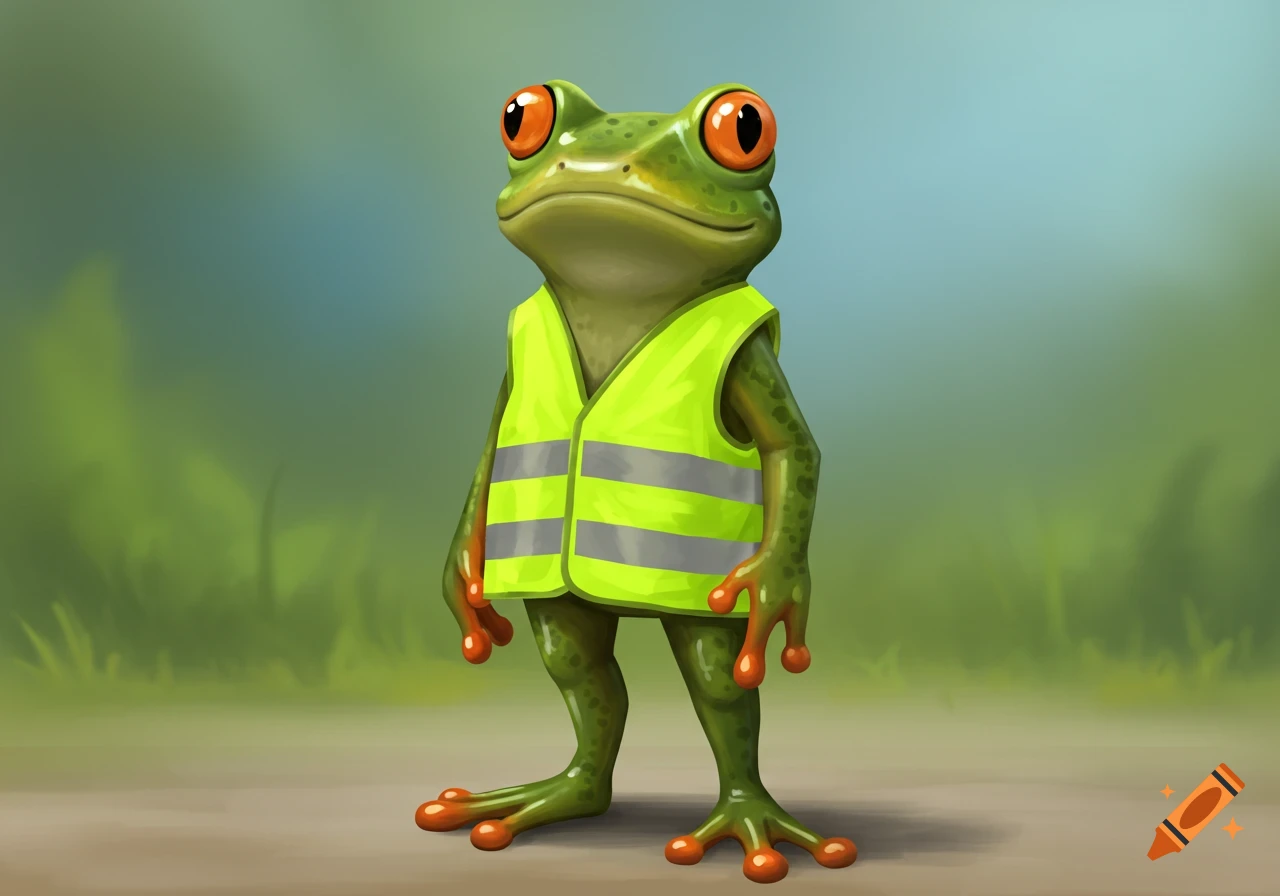 A cartoon frog stands upright wearing a yellow safety vest.