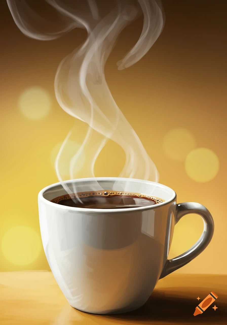 A white cup of hot coffee with steam rising, rendered as a digital painting.