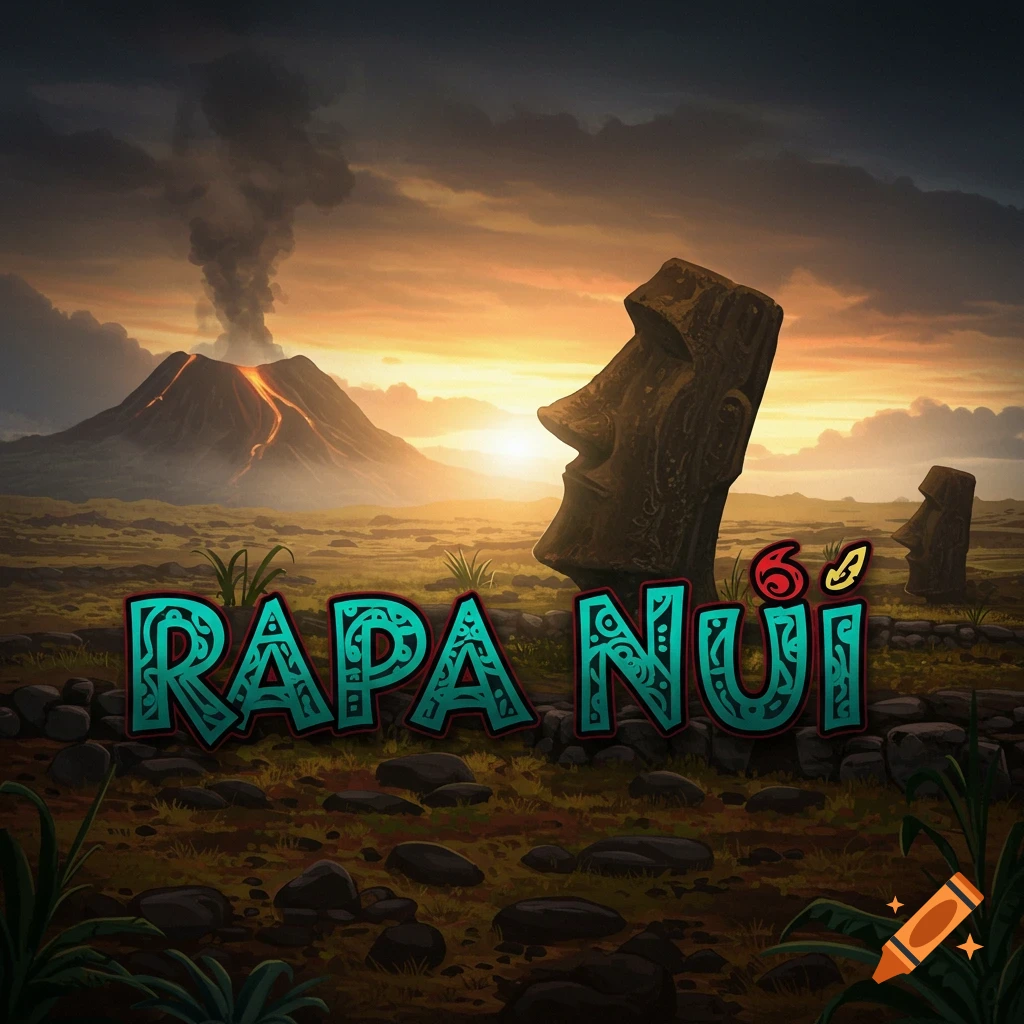 Moai statues and volcano erupting on Rapa Nui island at sunset with text 'RAPA NUI'.