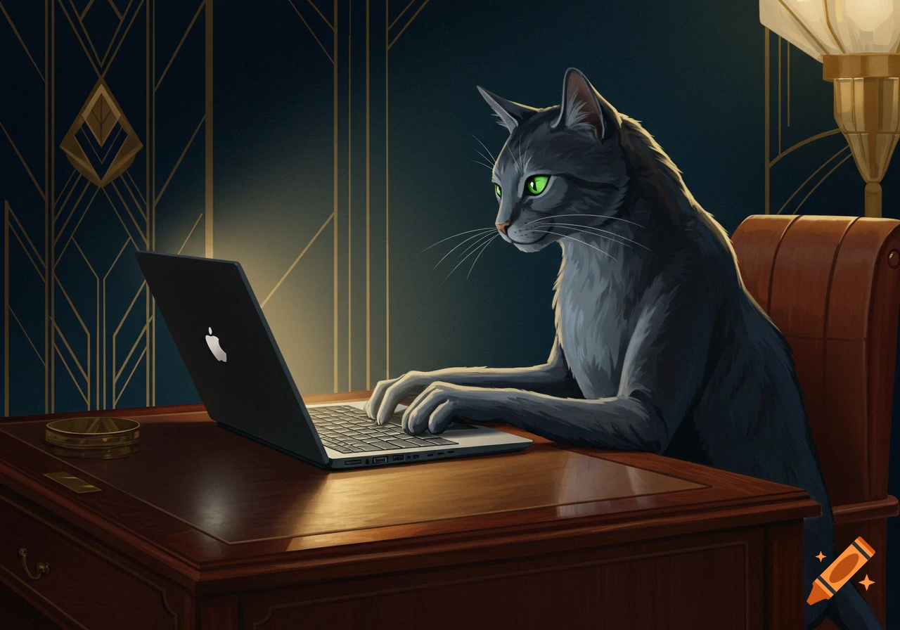 A grey cat sits at a desk, typing on a laptop in an art deco style office.