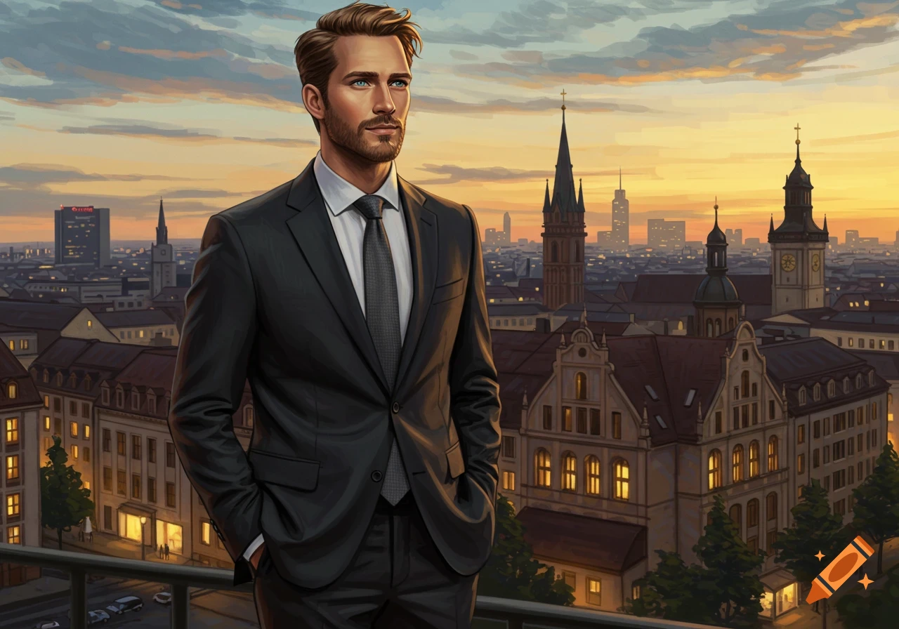 A man in a suit overlooks a city skyline at sunset. Illustration. on ...