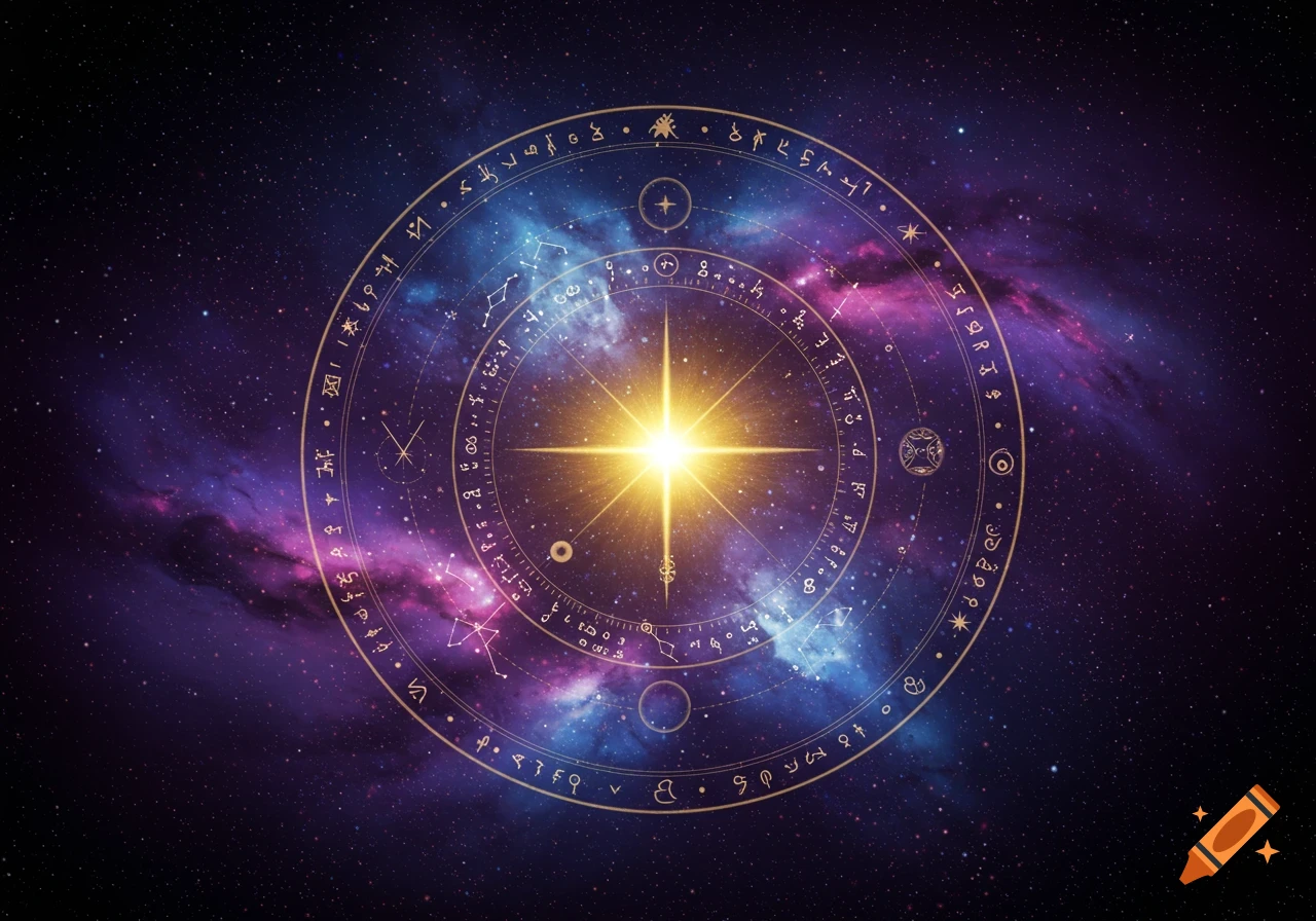 Golden astrological or cosmic diagram with symbols and lines over a starry sky and colorful nebulae, with a bright star at the center.