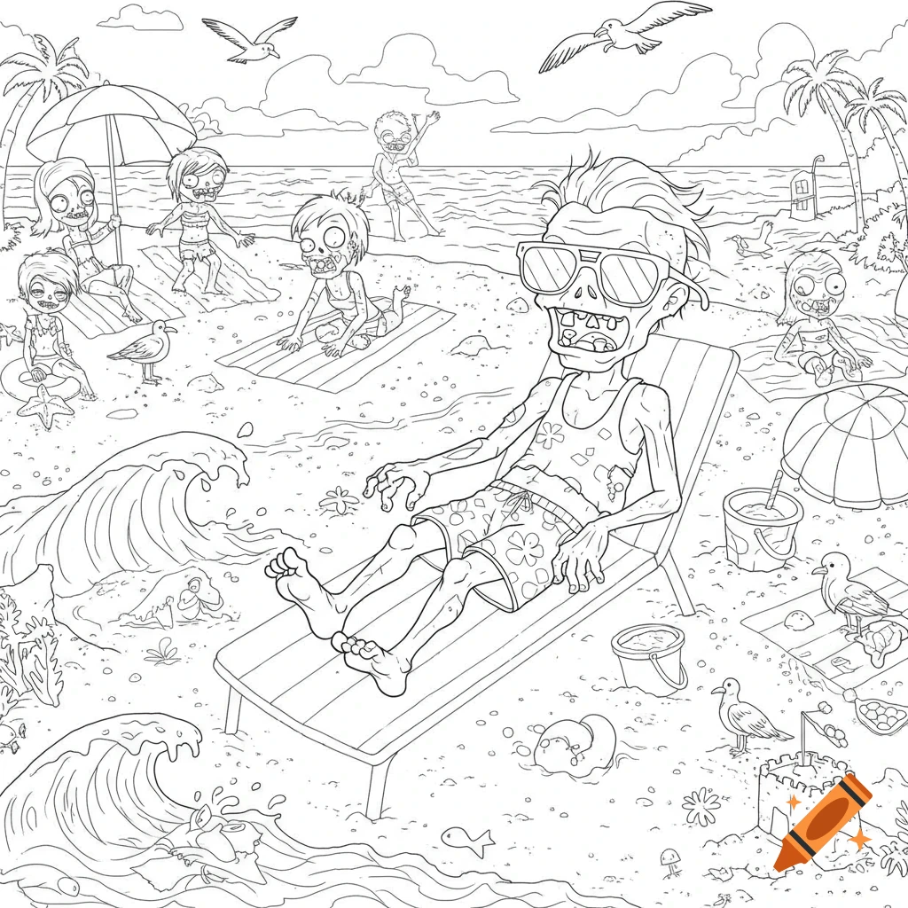 Black and white coloring page of cartoon zombies relaxing on a beach.