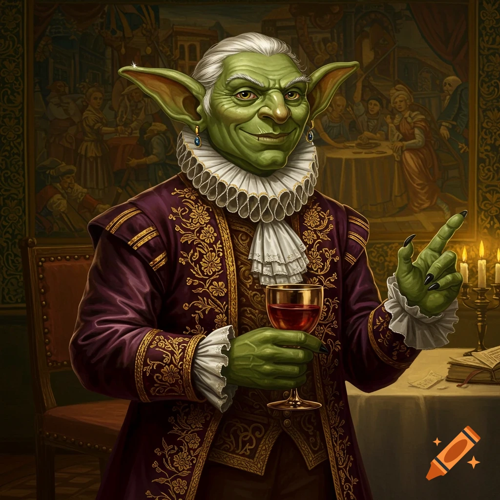 Portrait of a fantasy goblin in high society clothing, holding a glass of wine.