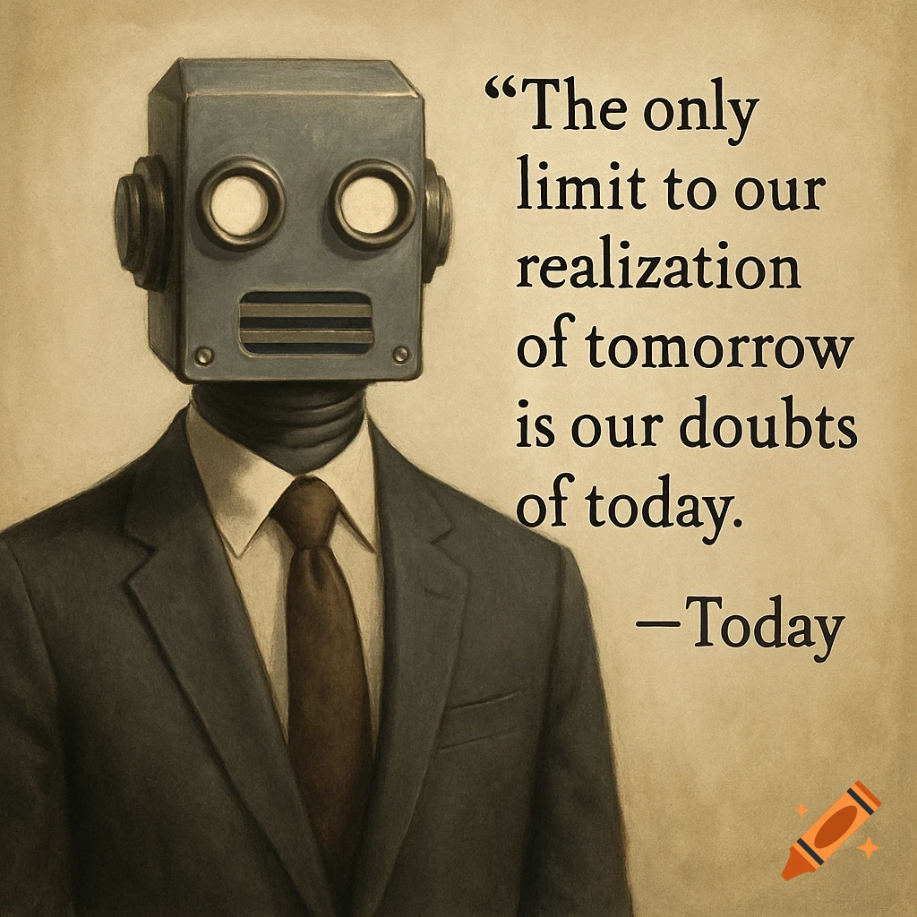 A robot in a suit stands next to a quote on a textured background.