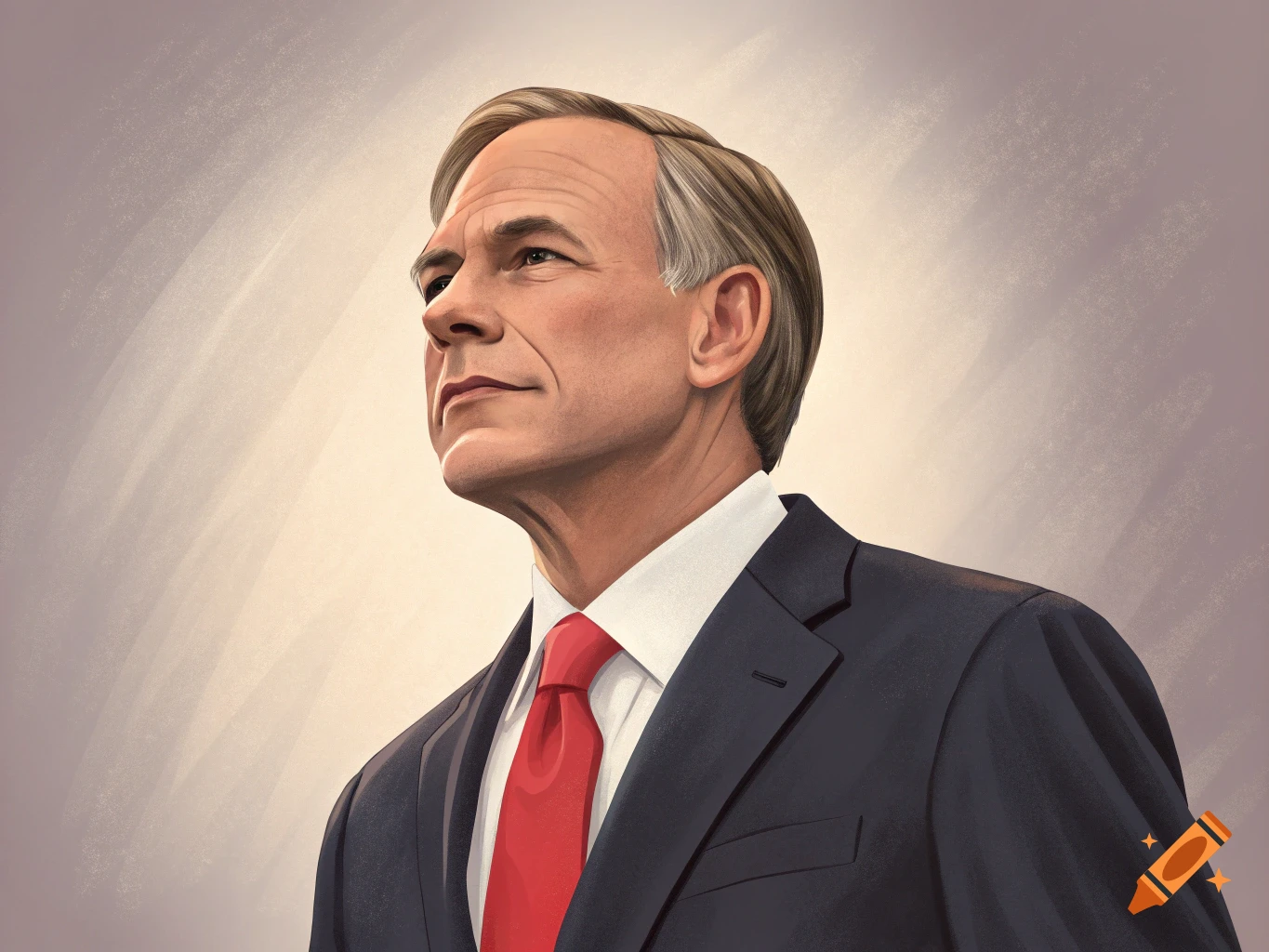 A portrait illustration of a man in a dark suit and red tie looking upwards.