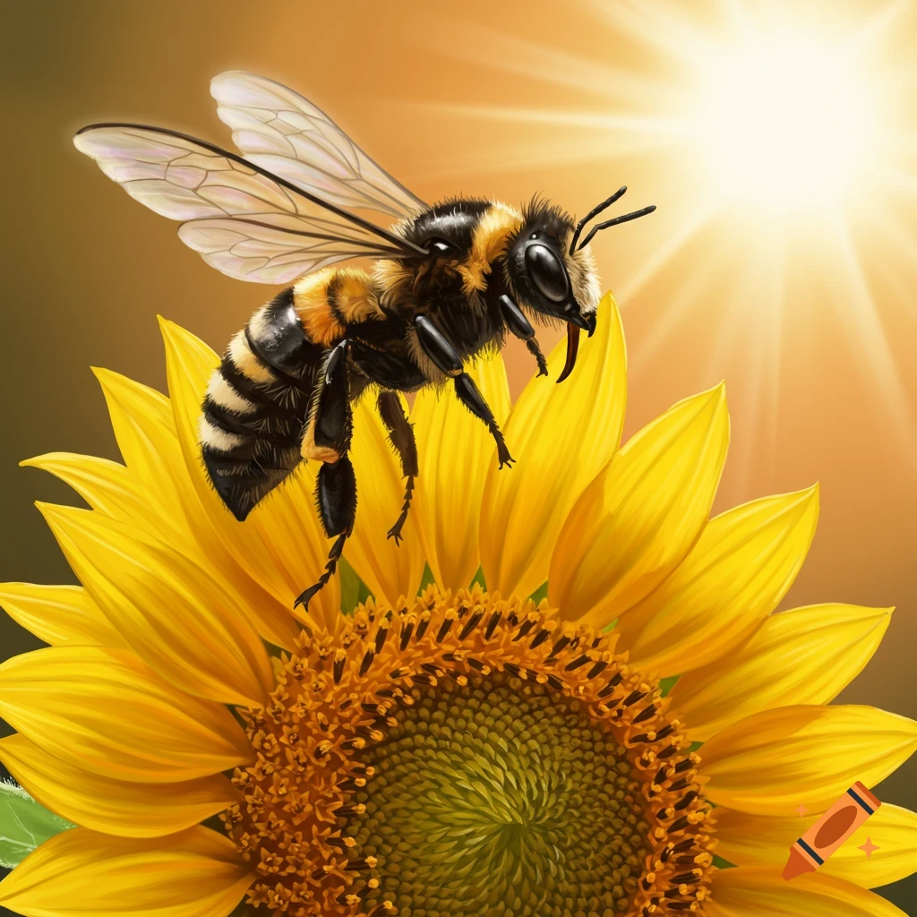 A bumblebee hovers over a large yellow sunflower in bright sunlight.