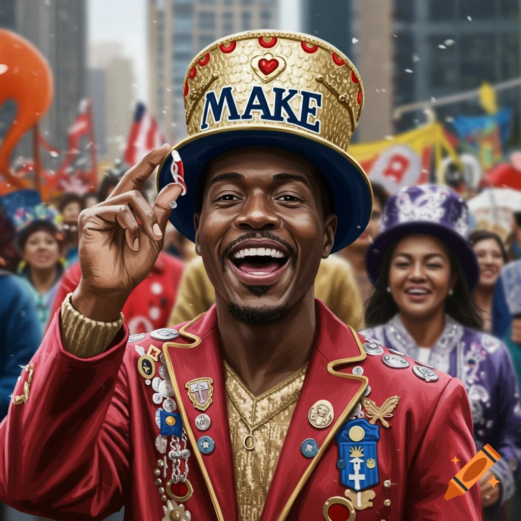 A man smiles and tips his hat at a parade.