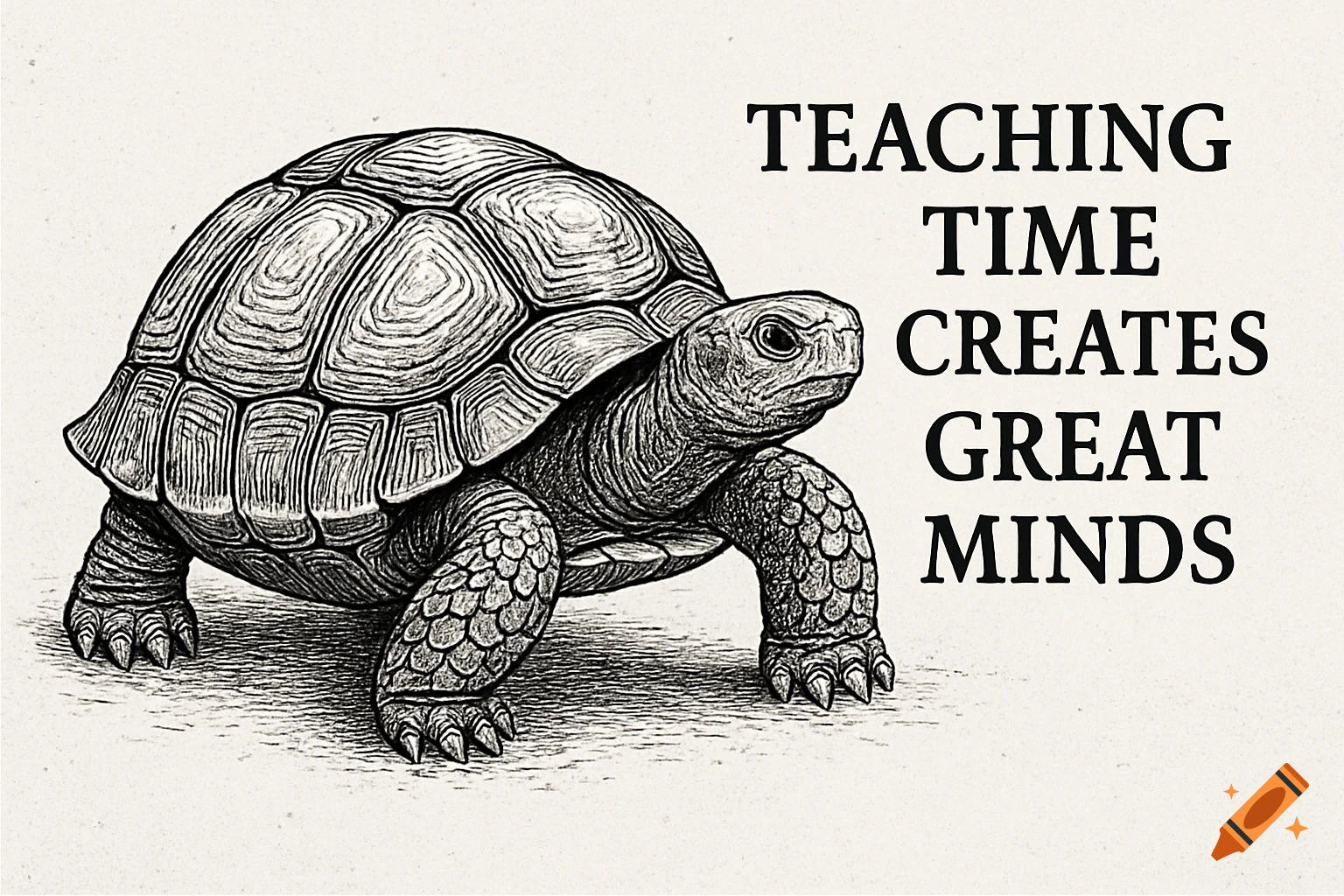 Black and white drawing of a tortoise next to the quote "Teaching Time Creates Great Minds".