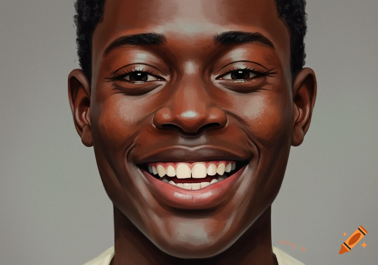 Close-up digital painting of a young Black man smiling brightly. on Craiyon