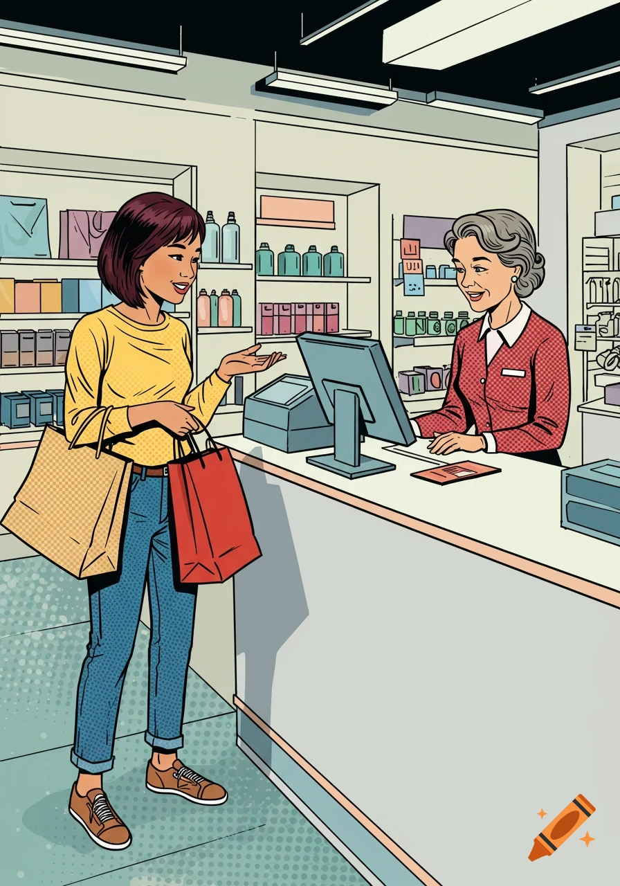 Pop art illustration of a shopper with bags talking to a cashier in a store.