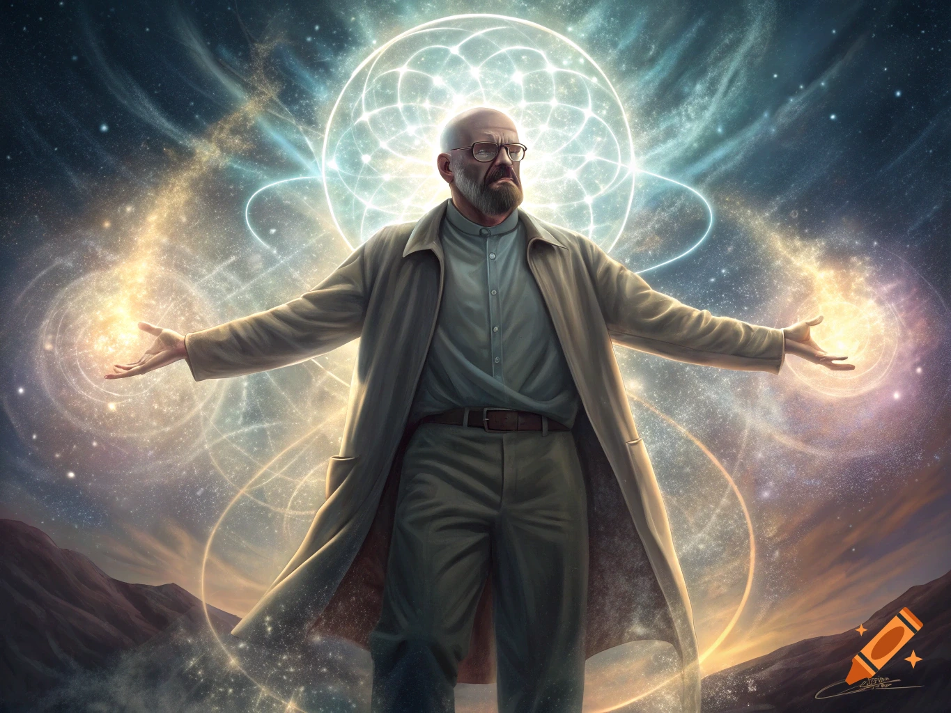A man resembling Walter White with glowing hands stands against a swirling cosmic background.
