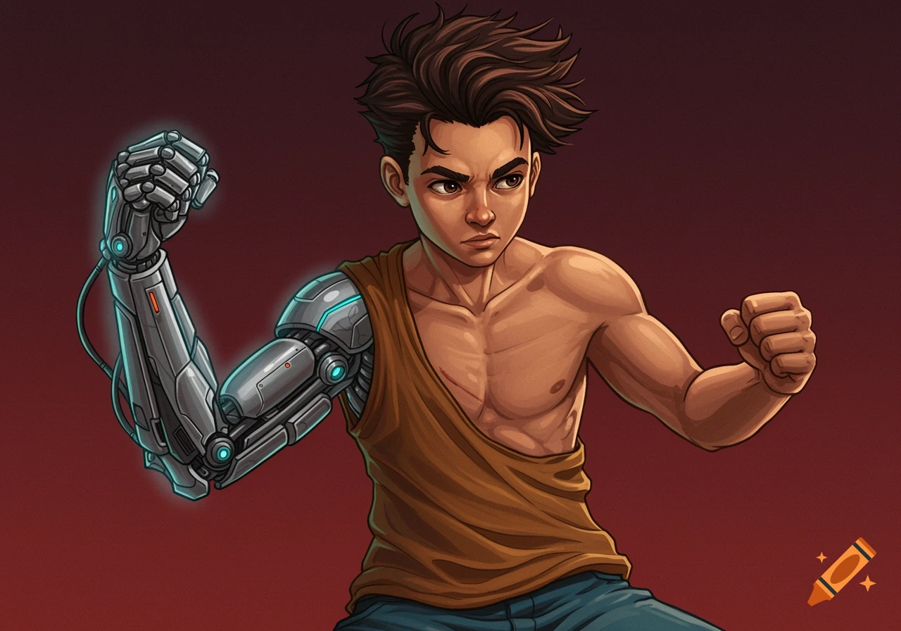 Digital illustration of a boy with dark hair and a bionic arm flexing his muscles.