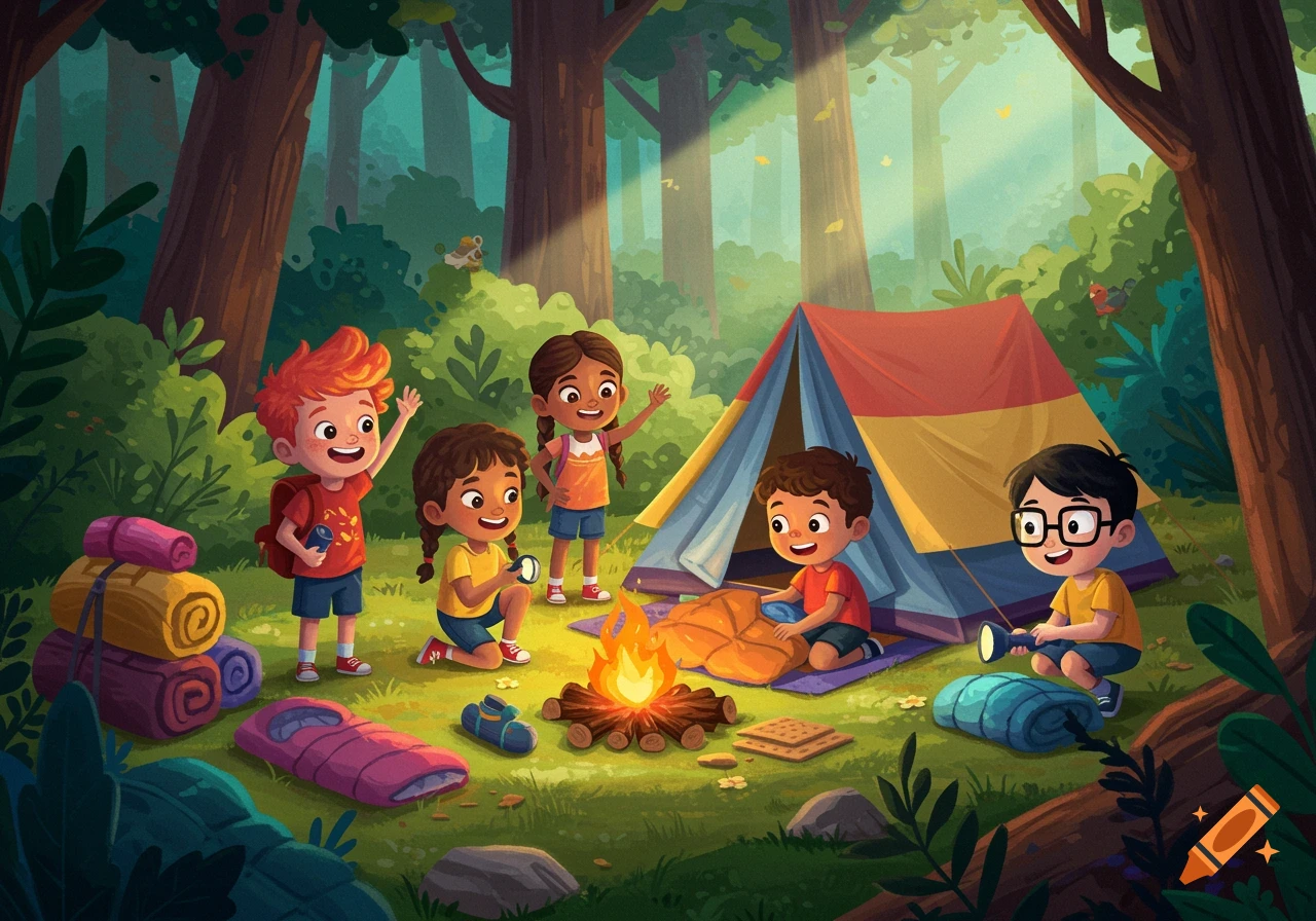 Illustration of four cartoon kids camping around a campfire in a forest.