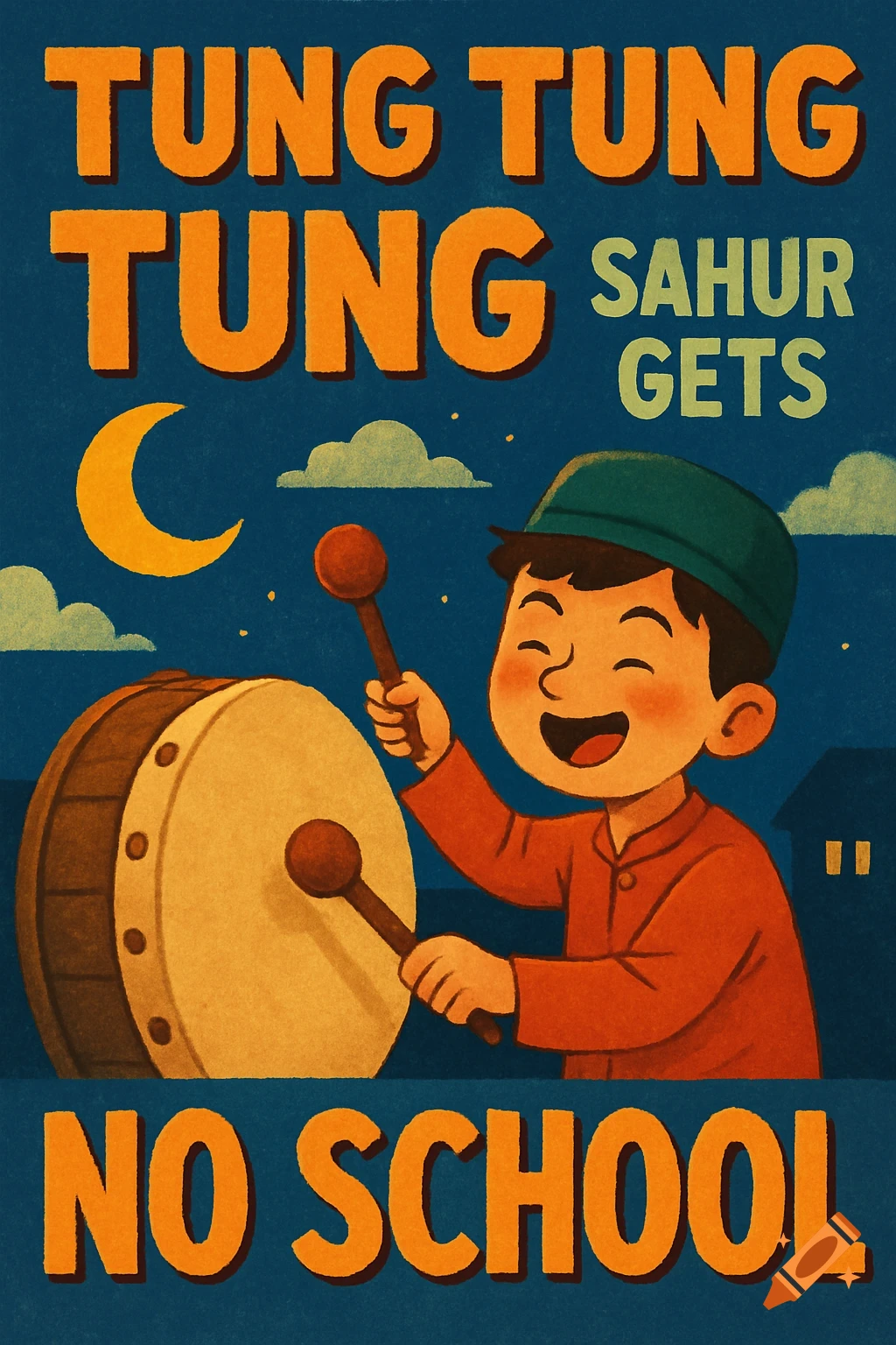 Cartoon illustration of a boy playing a drum at night under a crescent moon with text.