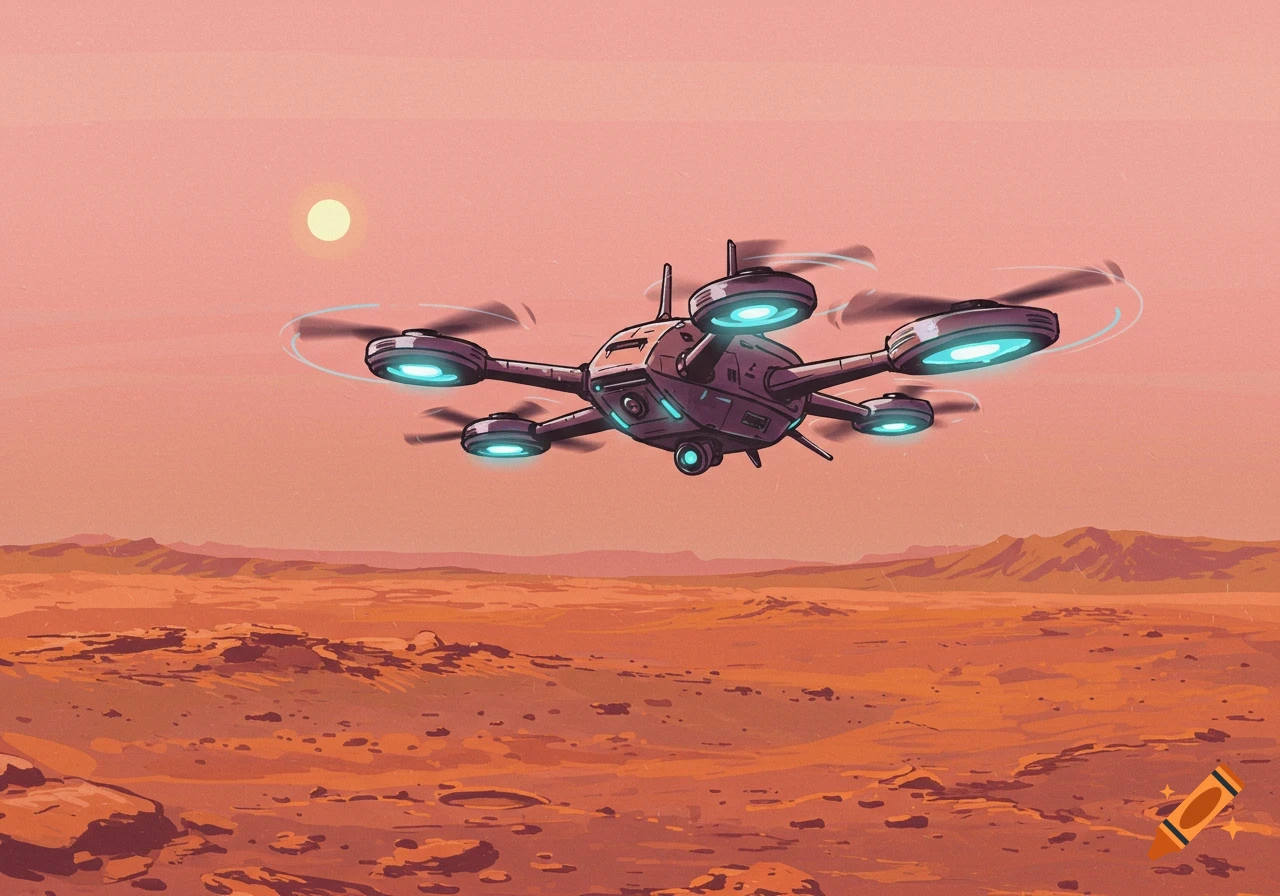 An illustration of a drone flying over a red, rocky Mars-like landscape under an orange sky with a bright sun.