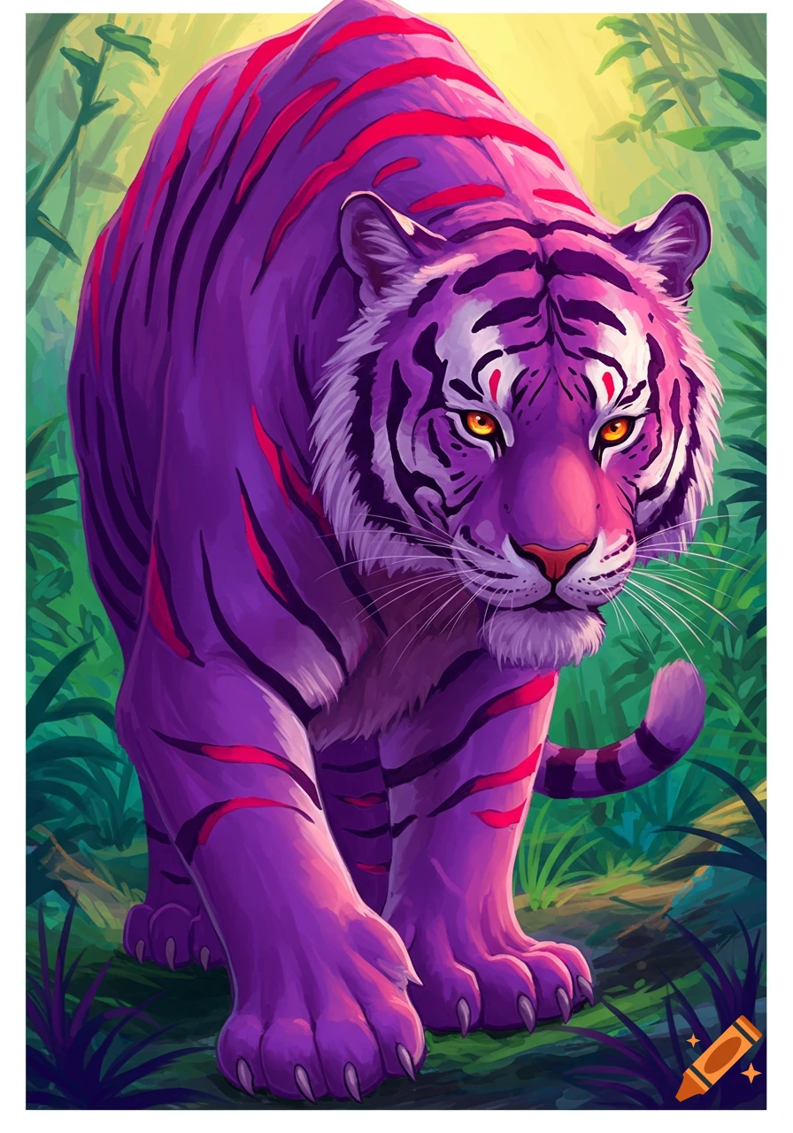 A vibrant purple tiger with pink stripes stands in a jungle.