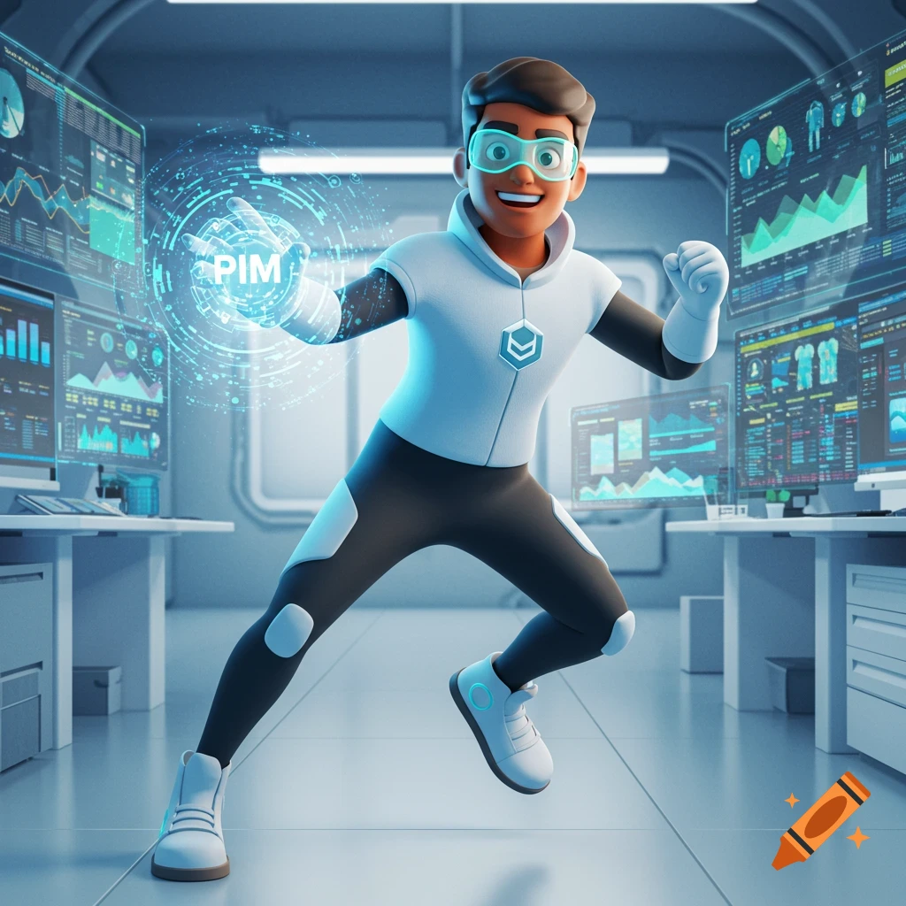 3D cartoon character in a futuristic lab interacts with data visualizations