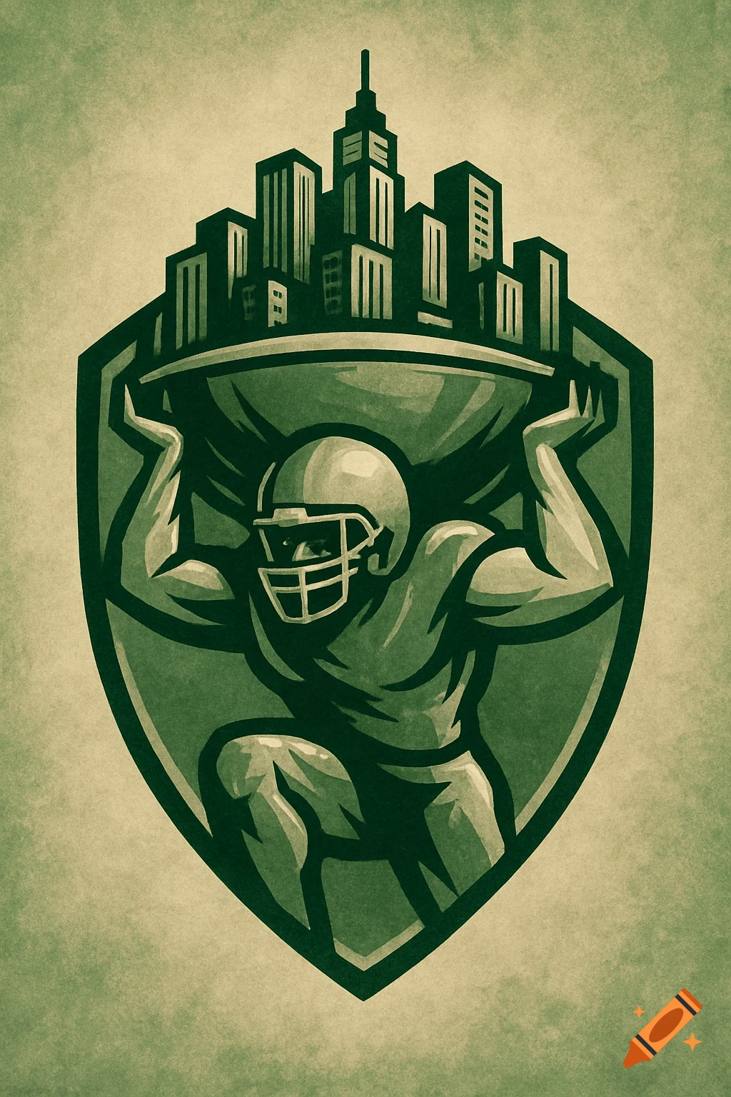 Stylized illustration of a football player holding up a city skyline inside a shield emblem in green and beige.