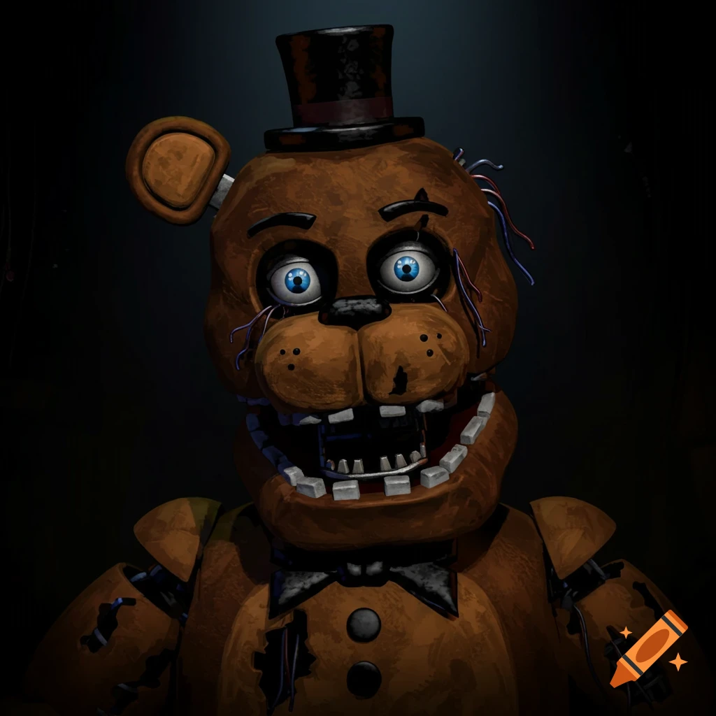 A close-up portrait of the brown animatronic bear, Withered Freddy, with blue eyes, a top hat, and exposed wires.