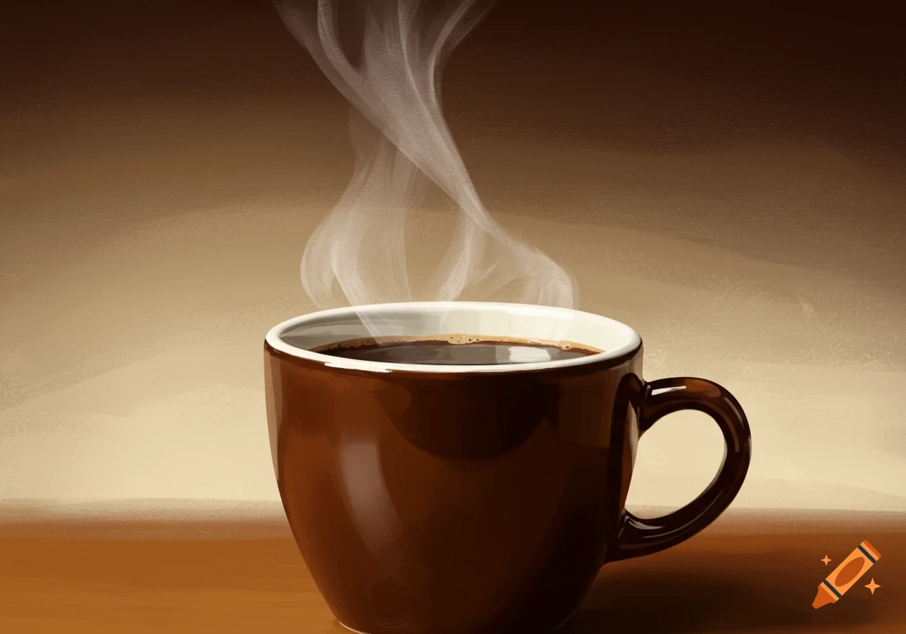 A steaming brown coffee cup in a painterly style.