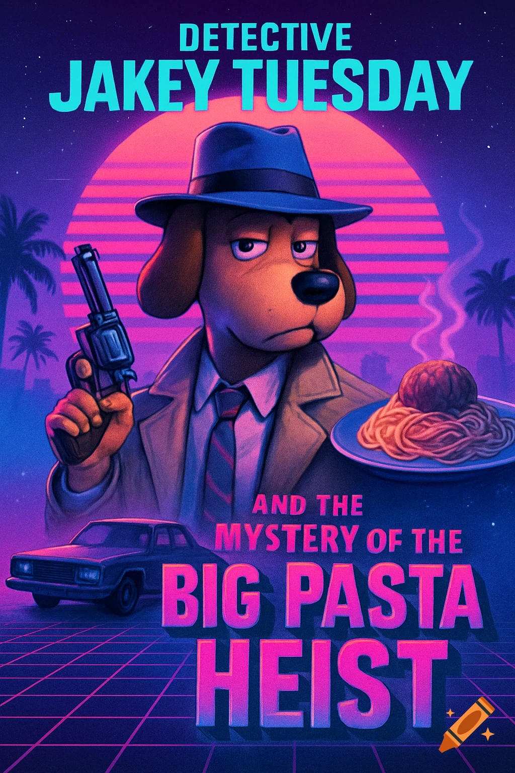 A cartoon dog detective in a fedora holds a gun and stands by a plate of spaghetti on a vaporwave background. The text reads Detective Jakey Tuesday and the Mystery of the Big Pasta Heist.