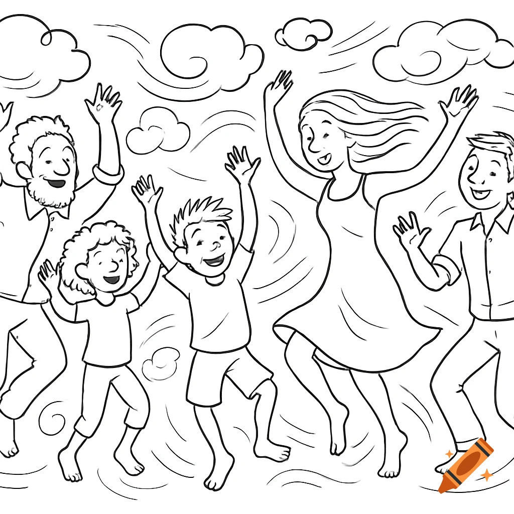Black and white line drawing of a family dancing