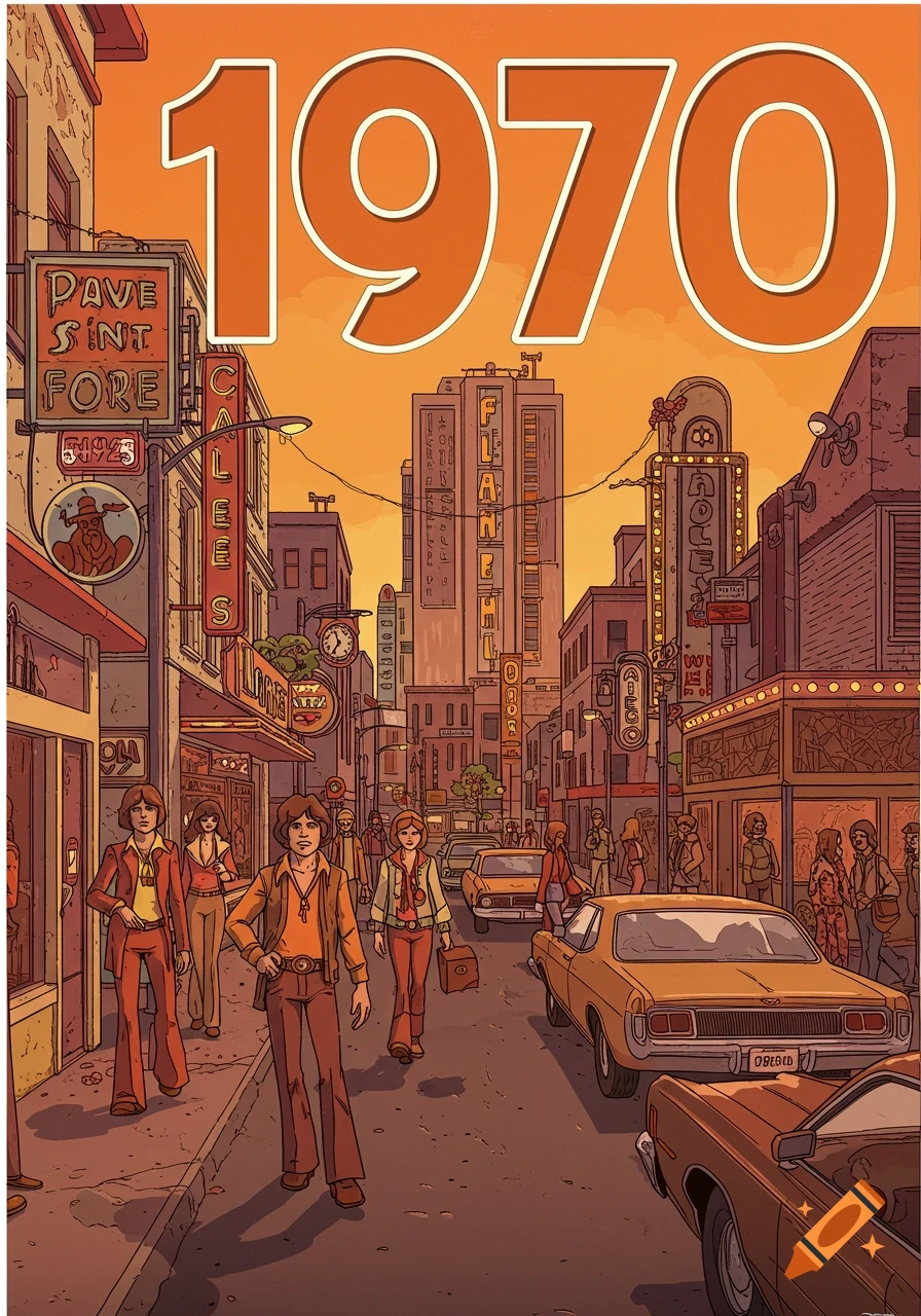 Illustrated street scene in the style of the 1970s, with people in period clothing, vintage cars, and storefronts, featuring large text '1970'.
