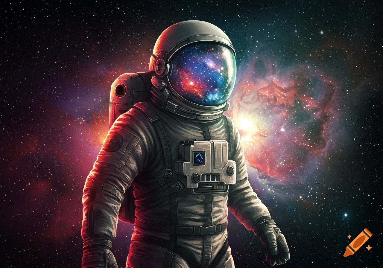 An astronaut floating in space with a colorful nebula visible through their helmet visor